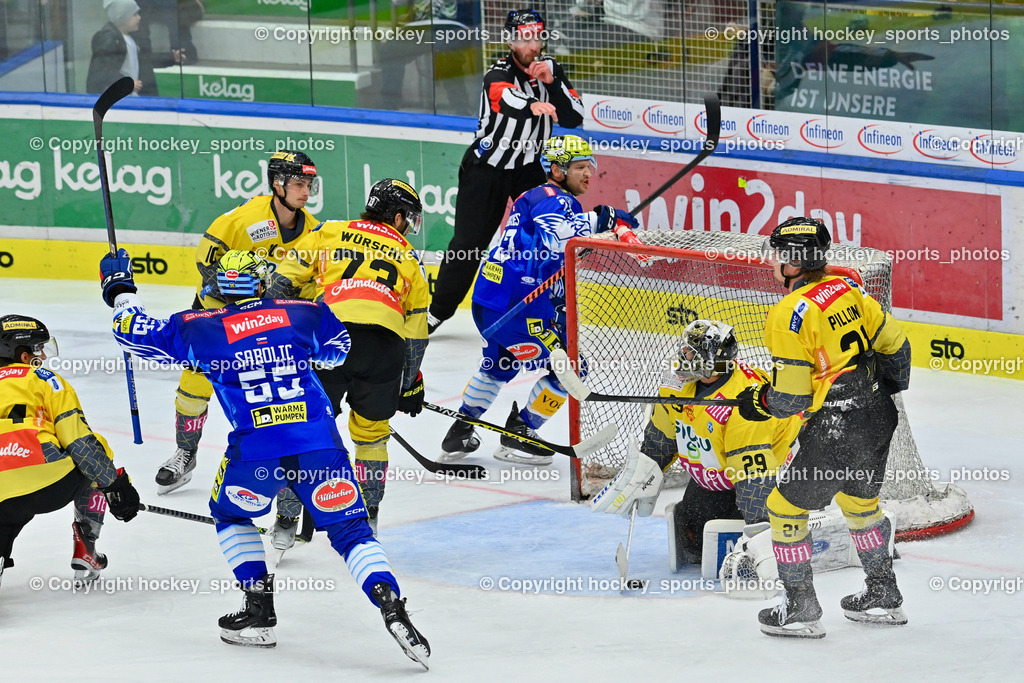 EC IDM Wärmepumpen VSV vs. Spusus Vienna Capitals 30.10.2022 | #21 Pilloni Yannic, #73 Würschl Niklas Andre, #29 Starkbaum Bernhard, #72 Hughes John, Tor EC VSV, #55 Sabolic Robert, Jubel EC VSV, GROZNIK BOSTJAN Referee