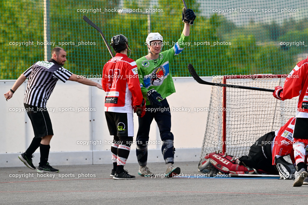 ASKÖ Ballhockey Villach vs. HSC Eagles 21.5.2023 | Kummer Stefan Referee, #47 Witting Marcel, Jubel #97 Aumeier Maximilian