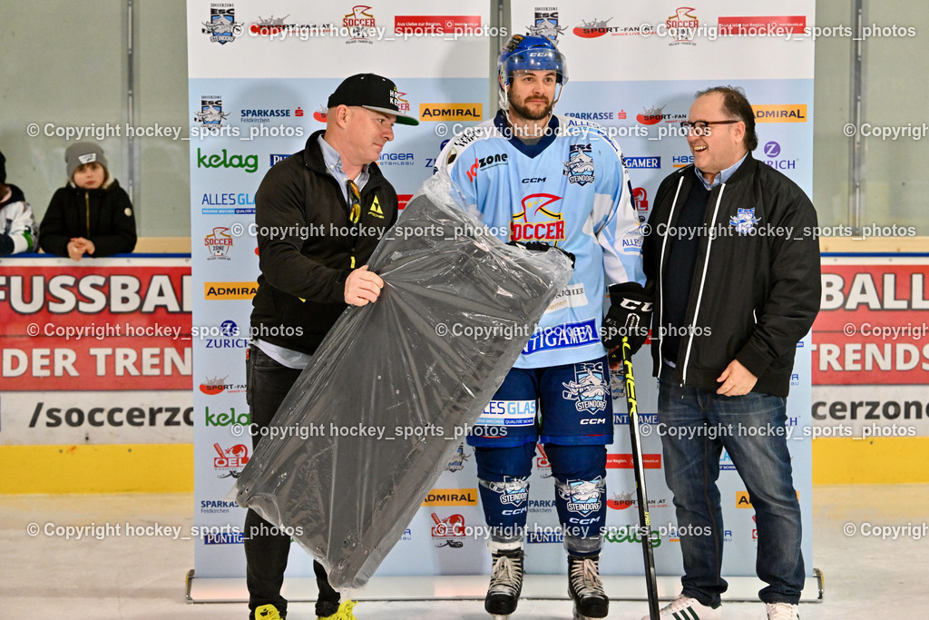 ESC Steindorf vs. Wiener Eislaufverein 19.2.2023 | Fischer Equipment Alexander Laußegger, #8 Martinz Christof, ESC Steindorf Sportlicher Leiter RAC Armin