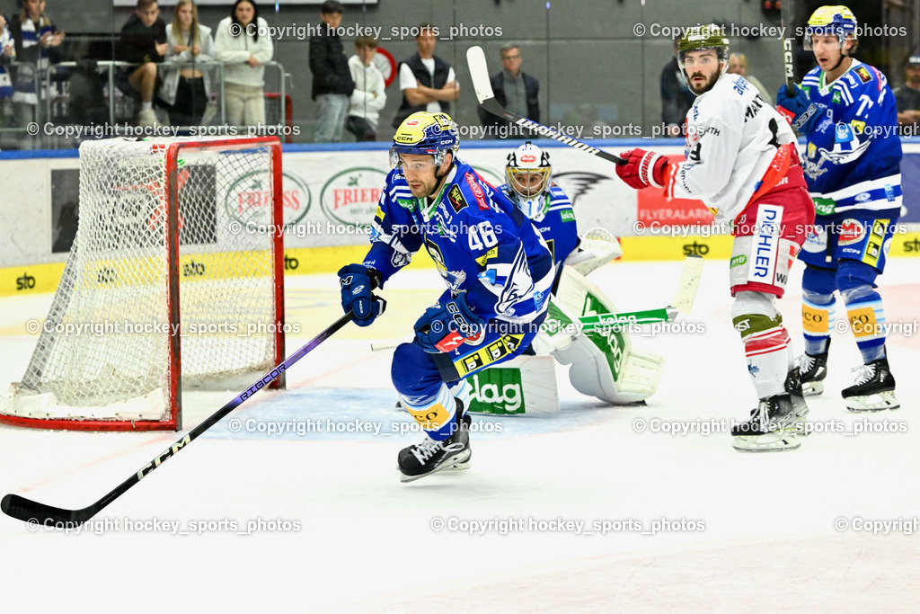 EC IDM Wärmepumpen VSV vs. HC Bozen 19.9.2023 | #46 WALL Alex,  #9 Mantenuto Daniel, win2day icehockeyleague, EC IDM Wärmepumpen - HC Bozen  am 19.09.2023 in Villach (Stadhalle Villach), Austria, (Photo by Bernd Stefan)