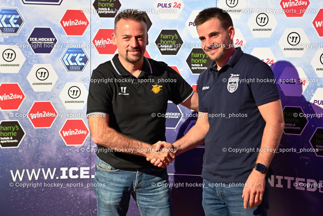 win2day ice hockey league Pressekonferenz Velden 13.9.2022 | Headcoach HC Pustertal Stefan Mair, Headcoach Fehervar AV19 KISS DÁVID