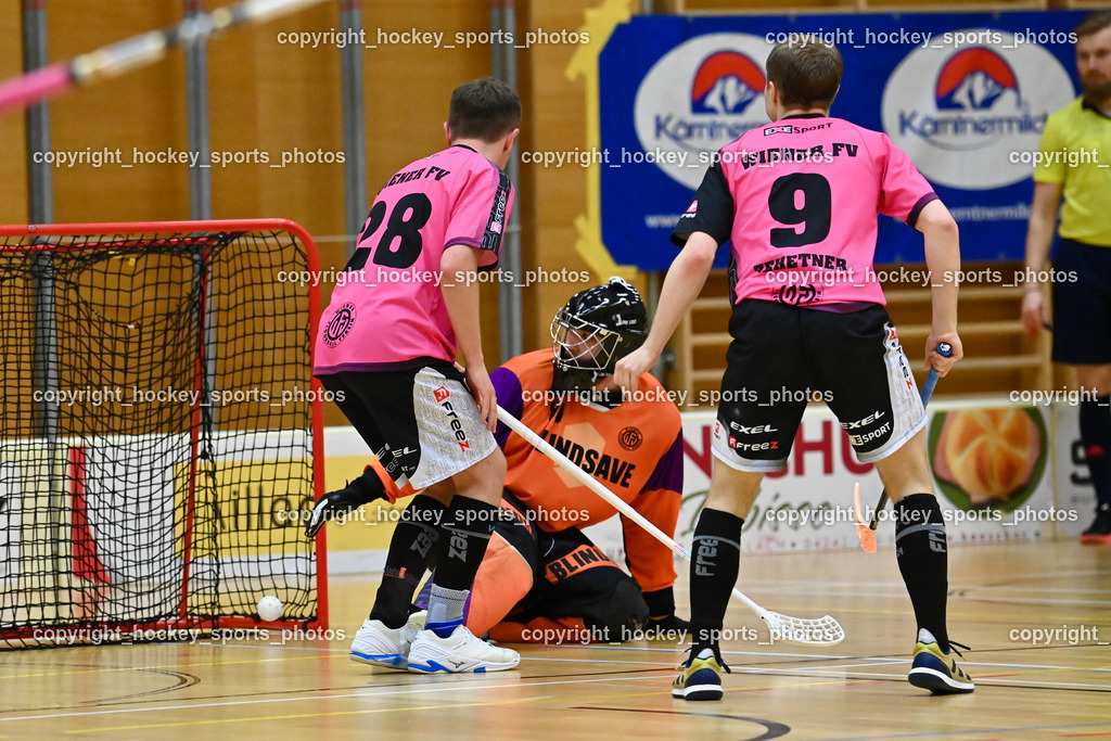 VSV Unihockey vs. Wiener Floorballverein 25.3.2023 | #28 Vincent Hähnig, #80 Bernhard Bezucha, #9 Laurin Zehetner, Tor VSV Unihockey