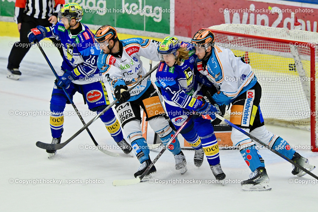EC IDM Wärmepumpen VSV vs. STEINBACH BLACK WINGS LINZ | #5 Wolf Raphael BLACK WINGS LINZ, #12 Pearson Chase EC VSV, #26 VAN NES Guus EC VSV, #3 Moro Gregory Lee BLACK WINGS LINZ, EC IDM Wärmepumpen VSV vs. STEINBACH BLACK WINGS LINZ, EC IDM Wärmepumpen VSV vs. STEINBACH BLACK WINGS LINZ am 25.10.2024 in Villach (Stadthalle Villach), Austria, (Photo by Bernd Stefan)