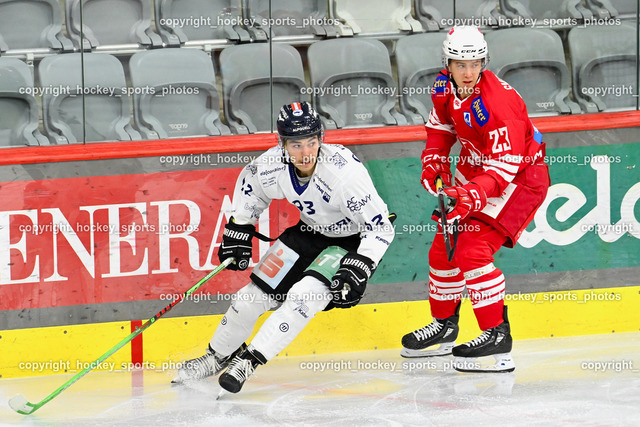 EC KAC Future Team vs. Die Adler Kitzbühl 7.10.2023 | #93 Tschurnig Johannes EC Kitzbühel, #23 Smolnikar Tit EC KAC FUTURE TEAM, EC KAC Future Team vs. Die Adler Kitzbühl 7.10.2023, EC KAC Future Team vs. Die Adler Kitzbühl am 07.10.2023 in Klagenfurt (Messehalle Klagenfurt), Austria, (Photo by Bernd Stefan)