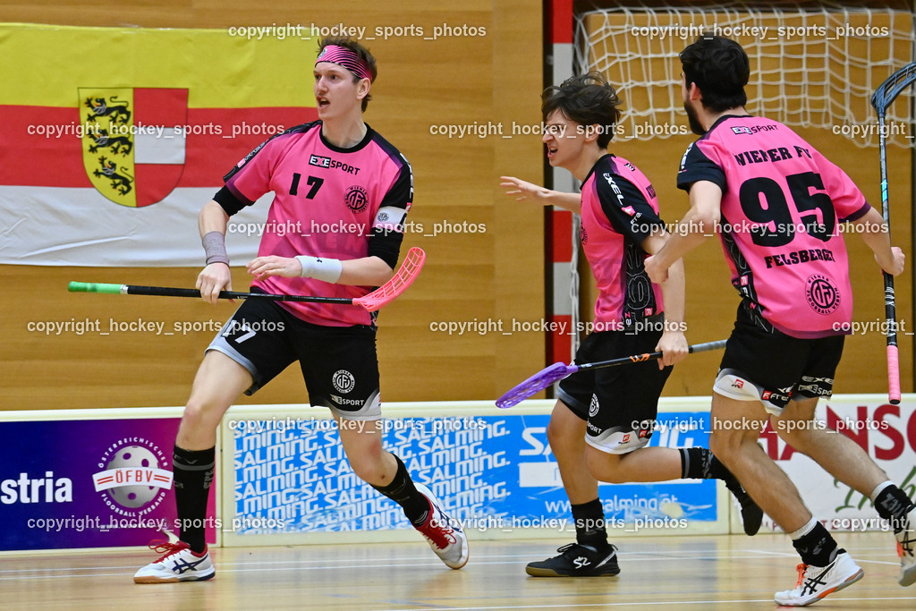 VSV Unihockey vs. Wiener Floorballverein 25.3.2023 | Jubel Wiener Floorballverein Mannschaft, #17 Jakob Mayer, #29 Jonas-Justus Dopona, #95 Niklas Felsberger