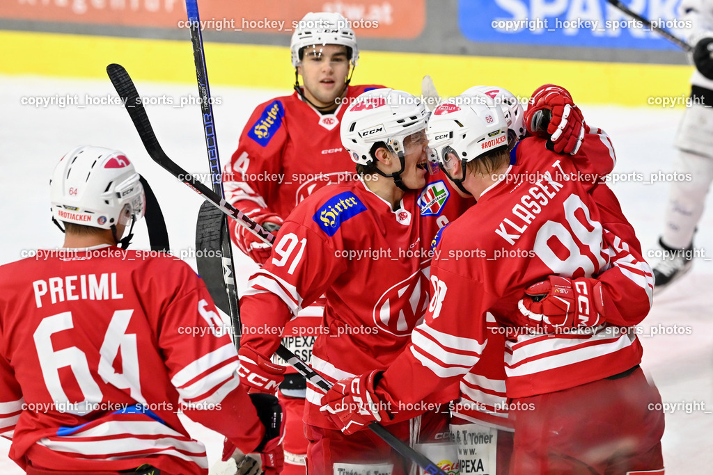 EC KAC Future Team vs. Die Adler Kitzbühl 7.10.2023 | Jubel EC KAC FUTURE Team, #22 Waschnig Lukas EC KAC FUTURE TEAM, #88 Klassek Thomas EC KAC FUTURE TEAM, EC KAC Future Team vs. Die Adler Kitzbühl 7.10.2023, EC KAC Future Team vs. Die Adler Kitzbühl am 07.10.2023 in Klagenfurt (Messehalle Klagenfurt), Austria, (Photo by Bernd Stefan)