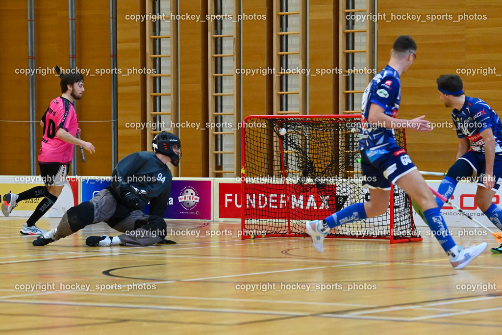 VSV Unihockey vs. Wiener Floorballverein 25.3.2023 | #10 Philipp Horn, #60 Thomas Unterweger, #94 Karl Dorfer, #14 Michael Klemm, Tor Wiener Floorballverein