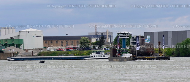 U17 bei Gernsheim Firma Waibel | 16.05.2023 Das deutsche U-Boot U17 passiert Gernsheim Es ist 48 Meter lang 500 Tonnen schwer und liegt auf einem 85 Meter langen Ponton und fährt heute von Mainz Zollhafen nach Speyer mit Ziel Technik-Museum Sinsheim (Foto: Peter Henrich) - Realized with Pictrs.com