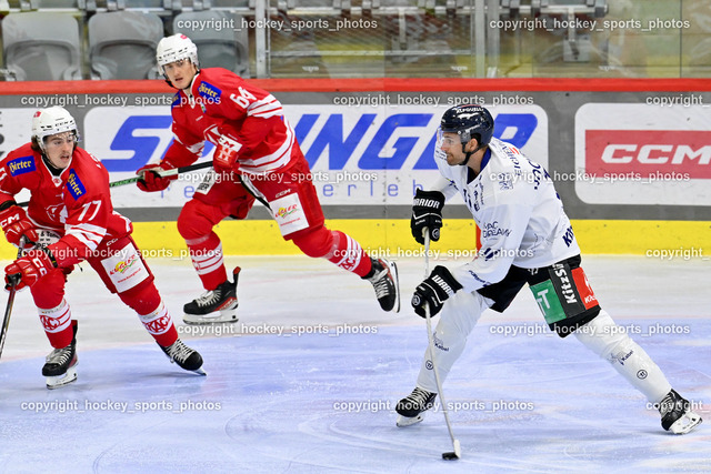 EC KAC Future Team vs. Die Adler Kitzbühl 7.10.2023 | #77 Lamereiner Leon#64 Preiml Maximilian EC KAC FUTURE TEAM, #11 Hochfilzer Henrik EC Kitzbühel, EC KAC Future Team vs. Die Adler Kitzbühl 7.10.2023, EC KAC Future Team vs. Die Adler Kitzbühl am 07.10.2023 in Klagenfurt (Messehalle Klagenfurt), Austria, (Photo by Bernd Stefan)