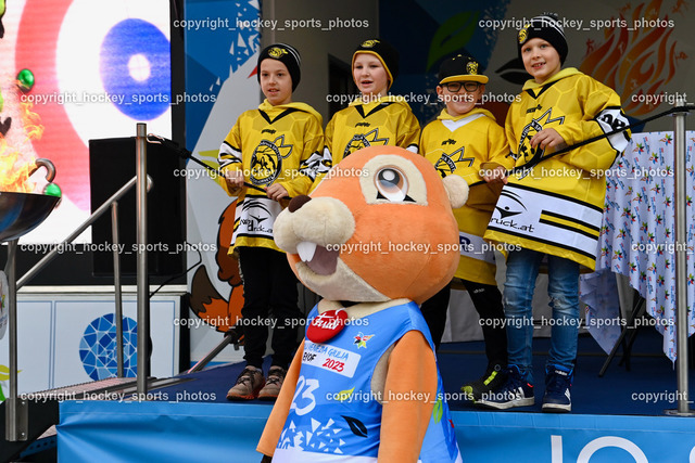 European Youth Olympic Festival EYOF 2023 Pressekonferenz | Jugendspieler EC Hornets Spittal, Olympisches Feuer, Maskottchen European Youth Olympic Festival EYOF 2023, 