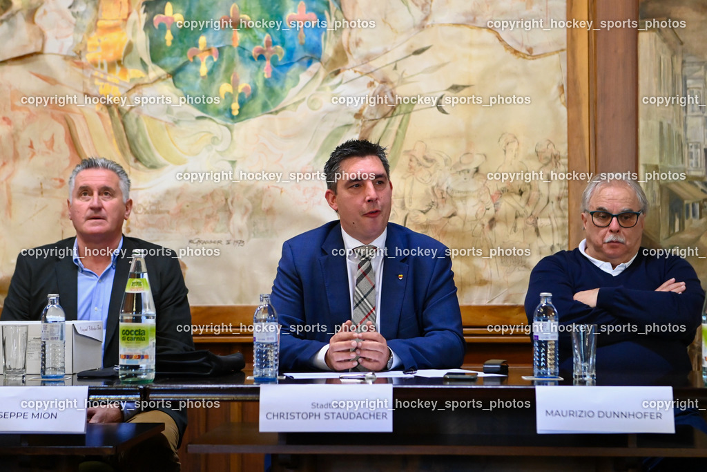 European Youth Olympic Festival EYOF 2023 Pressekonferenz | Giuseppe Mion, Stadtrat Spittal an der Drau Christoph Staudacher, Maurizio Dunnhofer