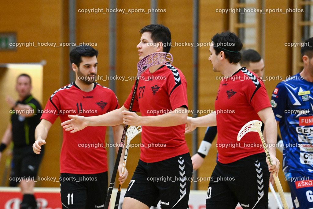 VSV Unihockey vs. Phönix Fireball 11.2.2023 | Jubel Phoenix Fireball Mannschaft, #11 Gergely Kádár, #27 Szilárd Harangozó, #20 Domokos Rácz