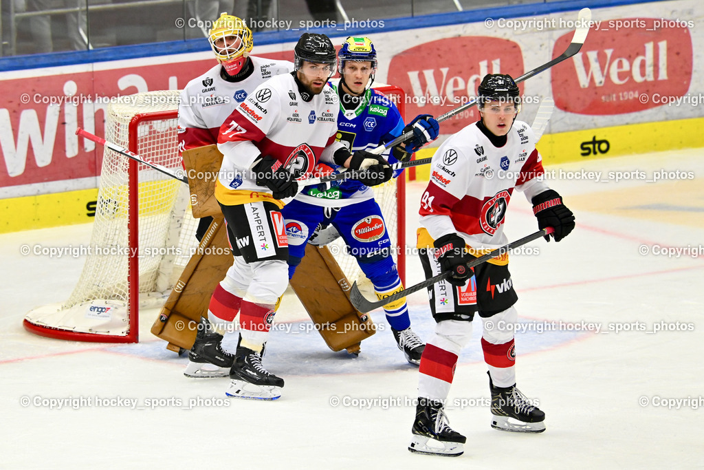 EC IDM Wärmepumpen VSV vs. Pioneers Vorarlberg 11.10.2024 | #91 Tschofen Marlon PIONEERS VORARLBERG, #77 Korecky Ivan PIONEERS VORARLBERG, #81 RICHTER Marco EC VSV, #31 Madlener David PIONEERS VORARLBERG, EC IDM Wärmepumpen VSV vs. Pioneers Vorarlberg 11.10.2024, EC IDM Wärmepumpen VSV vs. Pioneers Vorarlberg am 11.10.2024 in Villach (Stadthalle Villach), Austria, (Photo by Bernd Stefan)