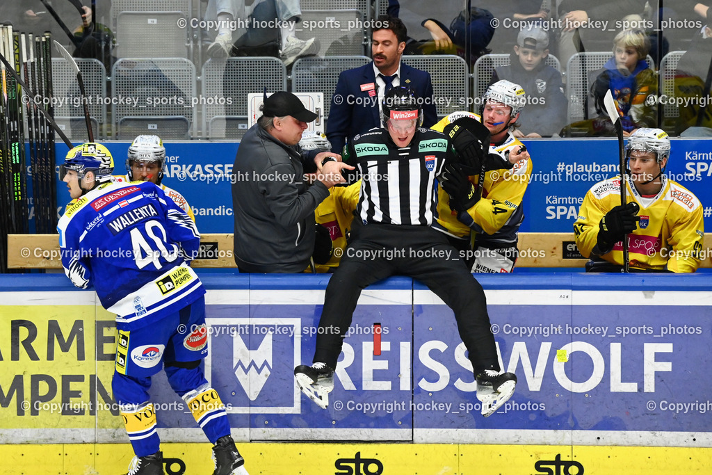 EC IDM WÄRMEPUMPEN VSV vs. Vienna Capitals | Equipment Manager Vienna Capitals Thomas Bardodej, Individualtrainer Vienna Capitals Rafael Rotter, #40 Elias Wallenta EC VSV, RIECKEN SIMON Referee, Referee sturtz auf die Spielerbank, EC IDM WÄRMEPUMPEN VSV vs. Vienna Capitals, EC IDM WÄRMEPUMPEN VSV vs. Vienna Capitals am 16.11.2025 in Villach (Stadthalle Villach), Austria, (Photo by Bernd Stefan)