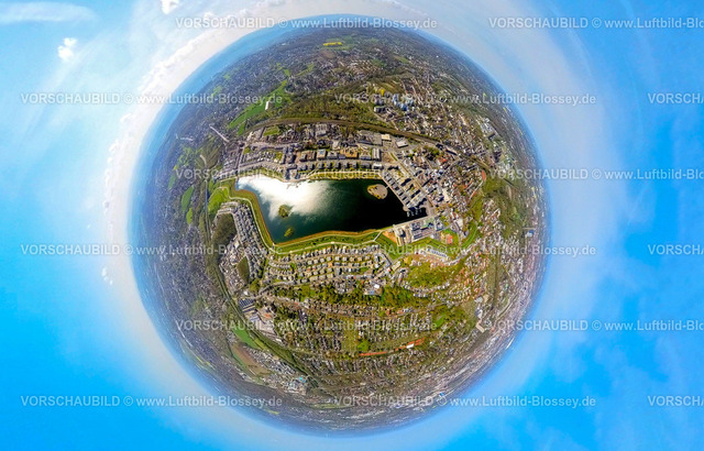 Dortmund230490046bPheonixSee_neu-3 | Luftbild, Phoenix-See, Erdkugel, Fisheye Aufnahme, Fischaugen Aufnahme, 360 Grad Aufnahme, Hörde, Dortmund, Ruhrgebiet, Nordrhein-Westfalen, Deutschland