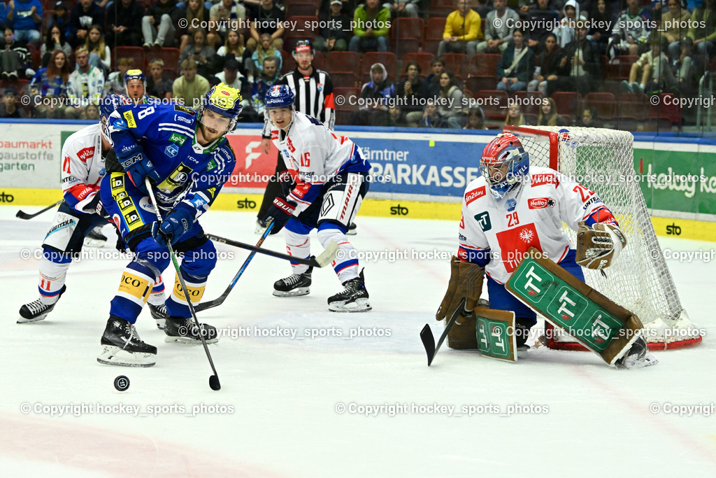 EC IDM Wärmepumpen vs. HC Tiroler Wasserkraft 22.9.2023 | #8 REBERNIG Maximilian,  #16 Steffler Kele HCI, #29 Buitenhuis Evan HCI, EC IDM Wärmepumpen vs. HC Tiroler Wasserkraft 22.9.2023, EC IDM Wärmepumpen - HC Tiroler Wasserkraft am 22.09.2023 in Villach (Stadhalle Villach), Austria, (Photo by Bernd Stefan)