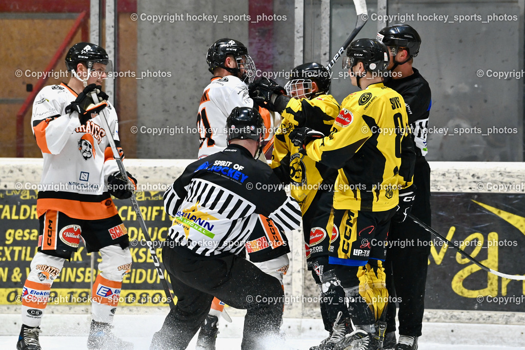 EC Spittal Hornets vs. USC Piraten Velden 7.2.2024 | #17 Hobitsch Samuel, #91 Bergmann Jonathan, #98 Thalhammer Dominic, #81 Sivec Peter Paul, Faustkampf, Wucherer Gerald, OREL Stephan Referees