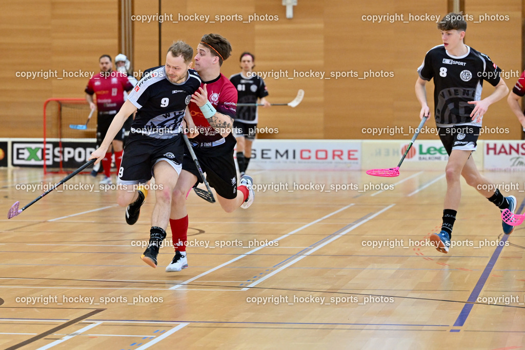 Wiener Floorball Verein vs. FBC BOROVNICA | #9 ZEHETNER Laurin Wiener Floorballverein, #6 Jan Remec FBC Borovnica, #8 KUSCHER Maximilian Wiener Floorballverein, Wiener Floorball Verein vs. FBC BOROVNICA, Wiener Floorball Verein vs. FBC BOROVNICA am 23.03.2025 in Villach (Ballspielhalle St. Martin), Austria, (Photo by Bernd Stefan)