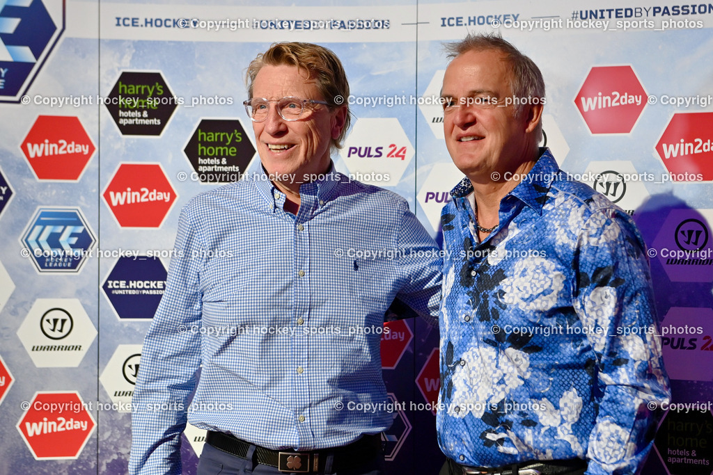 win2day ice hockey league Pressekonferenz Velden 13.9.2022 | Headcoach HC Bozen Glen Hanlon, Headcoach Bemer Pioneers Vorarlberg Marc Habscheid