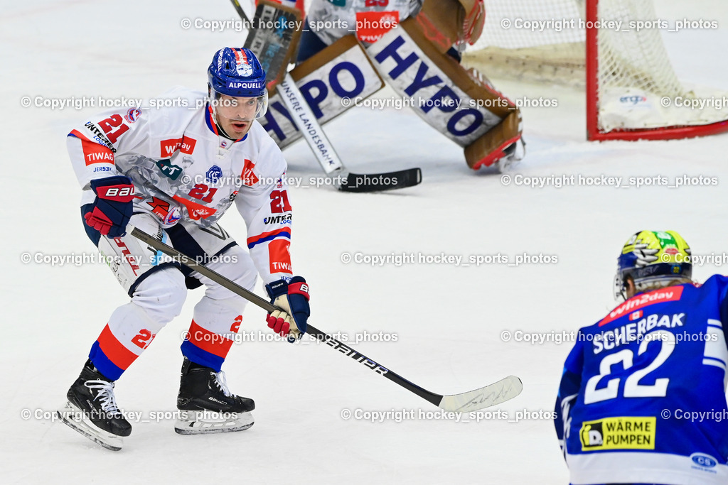 EC IDM Wärmepumpen VSV vs. HC Tiwag Innsbruck-Die Haie | #21 McFadden Garrett HC Innsbruck, #22 SCHERBAK Nikita EC VSV, EC IDM Wärmepumpen VSV vs. HC Tiwag Innsbruck-Die Haie, EC IDM Wärmepumpen VSV vs. HC Tiwag Innsbruck Die Haie am 13.12.2024 in Villach (Stadthalle Villach), Austria, (Photo by Bernd Stefan)