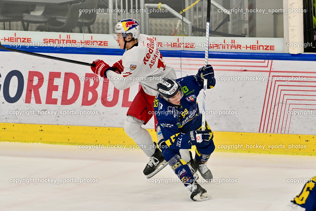 RED BULL HOCKEY JUNIORS vs. EK DIE ZELLER EISBÄREN | #17 Assavolyuk Daniel RED BULL HOCKEY JUNIORS, #59 Egger Maximilian EK DIE ZELLER EISBÄREN, RED BULL HOCKEY JUNIORS vs. EK DIE ZELLER EISBÄREN, RED BULL HOCKEY JUNIORS vs. EK DIE ZELLER EISBÄREN am 14.01.2025 in Salzburg (Eisarena Salzburg), Austria, (Photo by Bernd Stefan)