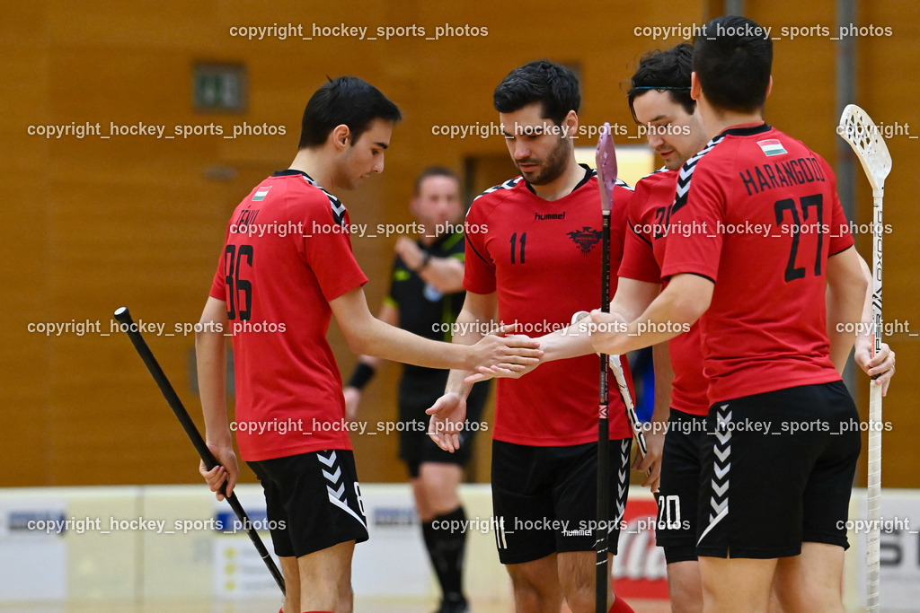 VSV Unihockey vs. Phönix Fireball 11.2.2023 | Jubel Phoenix Fireball Mannschaft, #11 Gergely Kádár, #27 Szilárd Harangozó, #20 Domokos Rácz, #86 Tamás Tényi