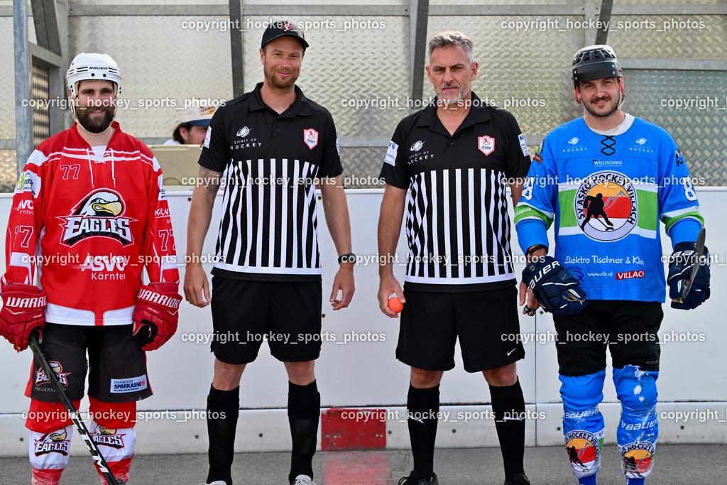 ASKÖ Hockey Villach vs. HSC Eagles Poggersdorf | #77 SCHUMNIG Stefan, Orel Stephan Referee, #88 AHAMMER Benjamin, Hausott Eric Referee, ASKÖ Hockey Villach vs. HSC Eagles Poggersdorf, ASKÖ Hockey Villach vs. HSC Eagles Poggersdorf am 25.05.2025 in Villach (Alpen Arena ), Austria, (Photo by Bernd Stefan)