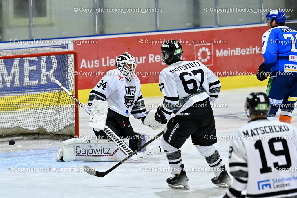 ESC Sparkasse Steindorf vs. LE Kings | #34 Kyllönen Simeoni LE Kings, #67 Battistutti Mikka LE Kings, #19 Matscheko Paul LE Kings, #79 Petrik Benjamin ESC Steindorf, Tor ESC Steindorf, ESC Sparkasse Steindorf vs. LE Kings, ESC Sparkasse Steindorf vs. LE Kings am 01.11.2025 in Steindorf (Ossiachersee Halle), Austria, (Photo by Bernd Stefan)